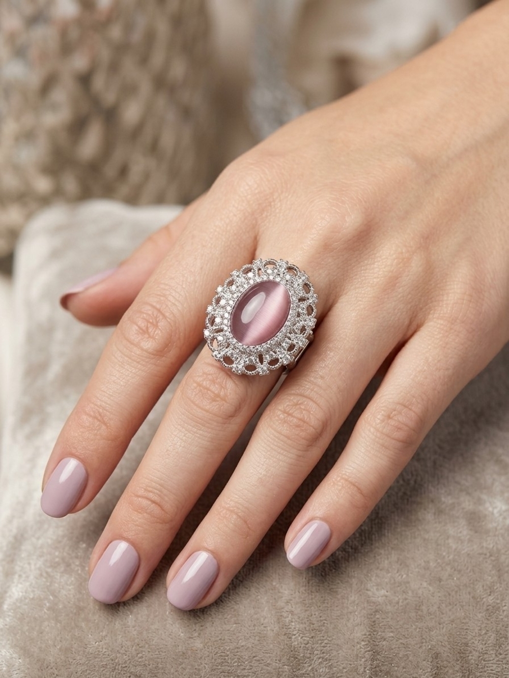 Gorheous Silver Cocktail Ring with Pink Cat's Eye Center